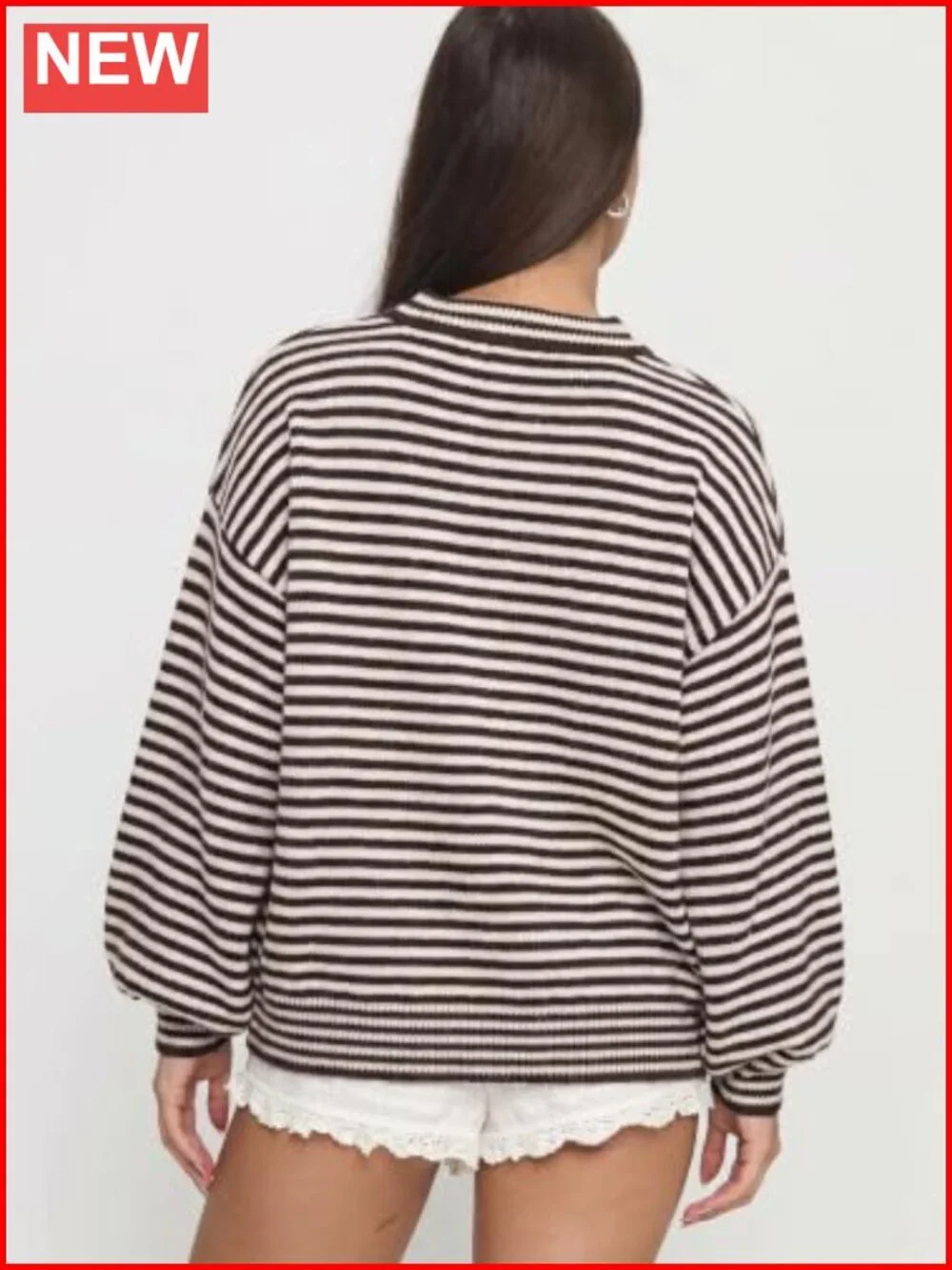 Oversized Striped Crewneck Sweater Balloon Sleeve Pullover